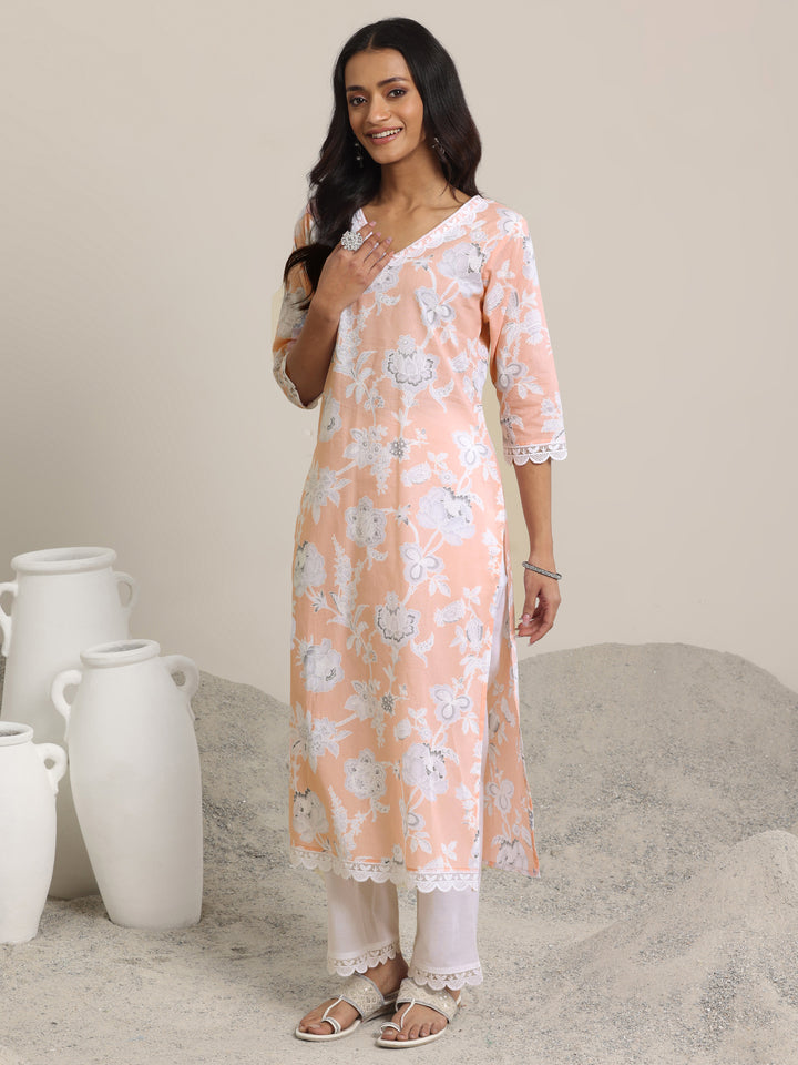 Peach Printed Cotton Straight Suit Set With Dupatta