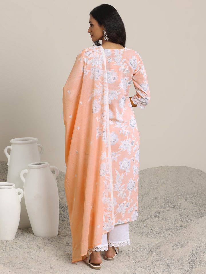 Peach Printed Cotton Straight Suit Set With Dupatta