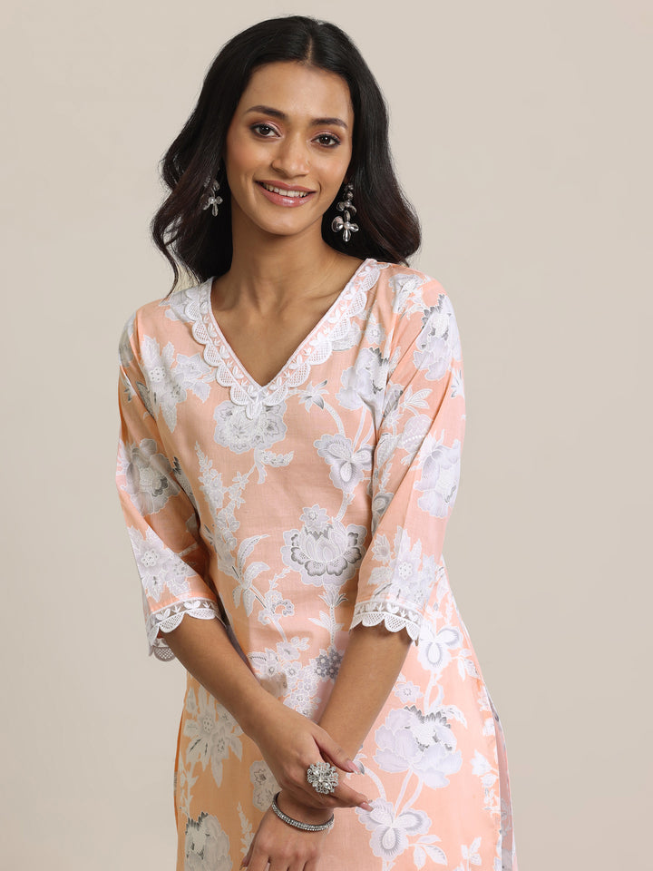 Peach Printed Cotton Straight Suit Set With Dupatta