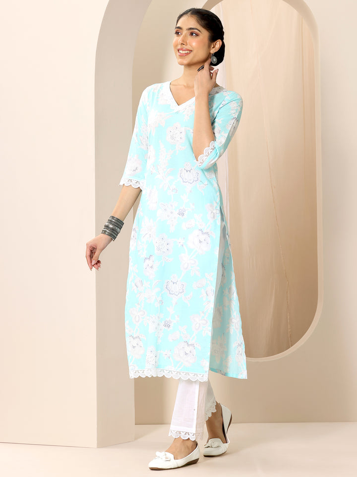 Blue Printed Cotton Straight Suit Set With Dupatta