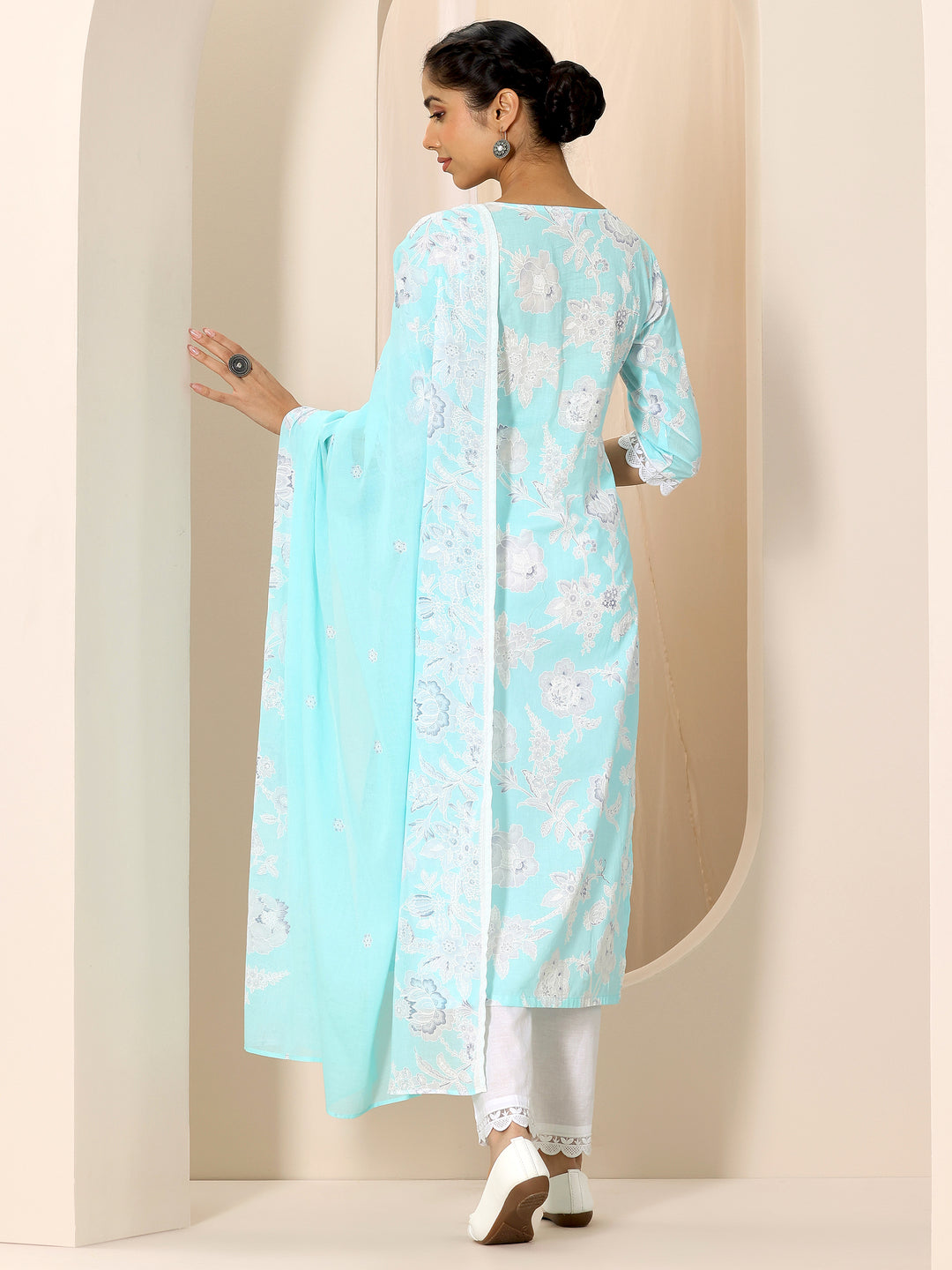 Blue Printed Cotton Straight Suit Set With Dupatta