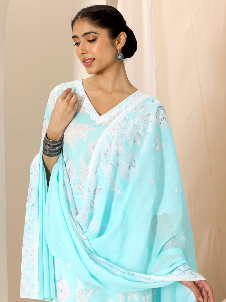 Blue Printed Cotton Straight Suit Set With Dupatta
