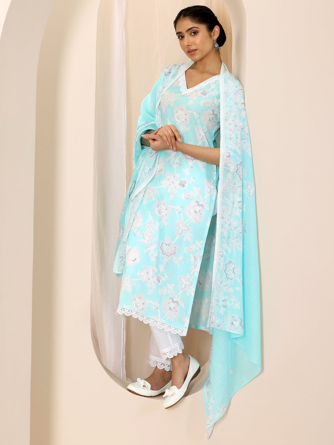 Blue Printed Cotton Straight Suit Set With Dupatta