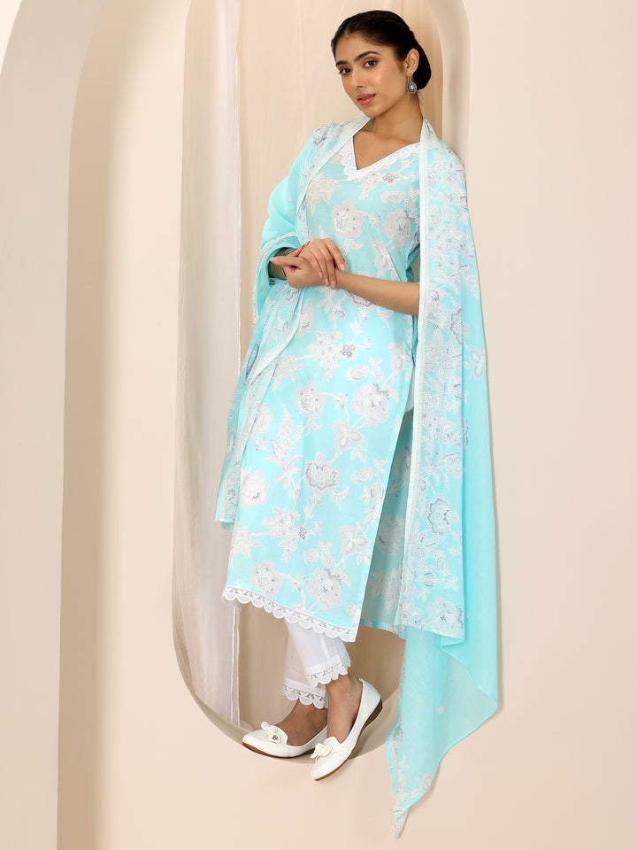Blue Printed Cotton Straight Suit Set With Dupatta