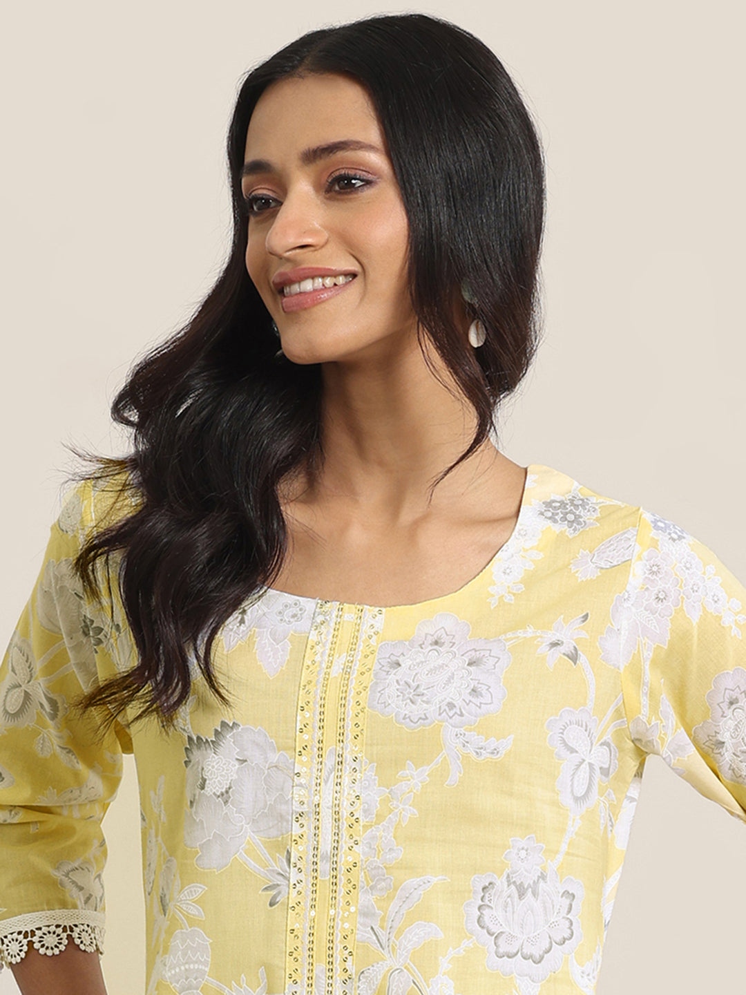Yellow Printed Cotton Straight Suit Set With Dupatta