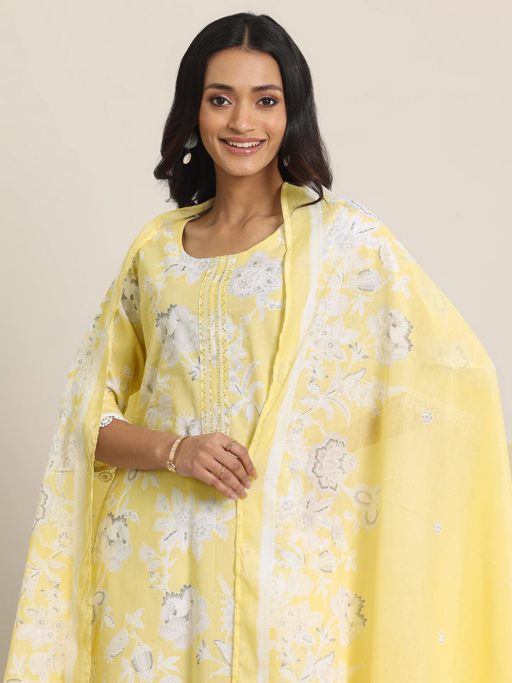 Yellow Printed Cotton Straight Suit Set With Dupatta