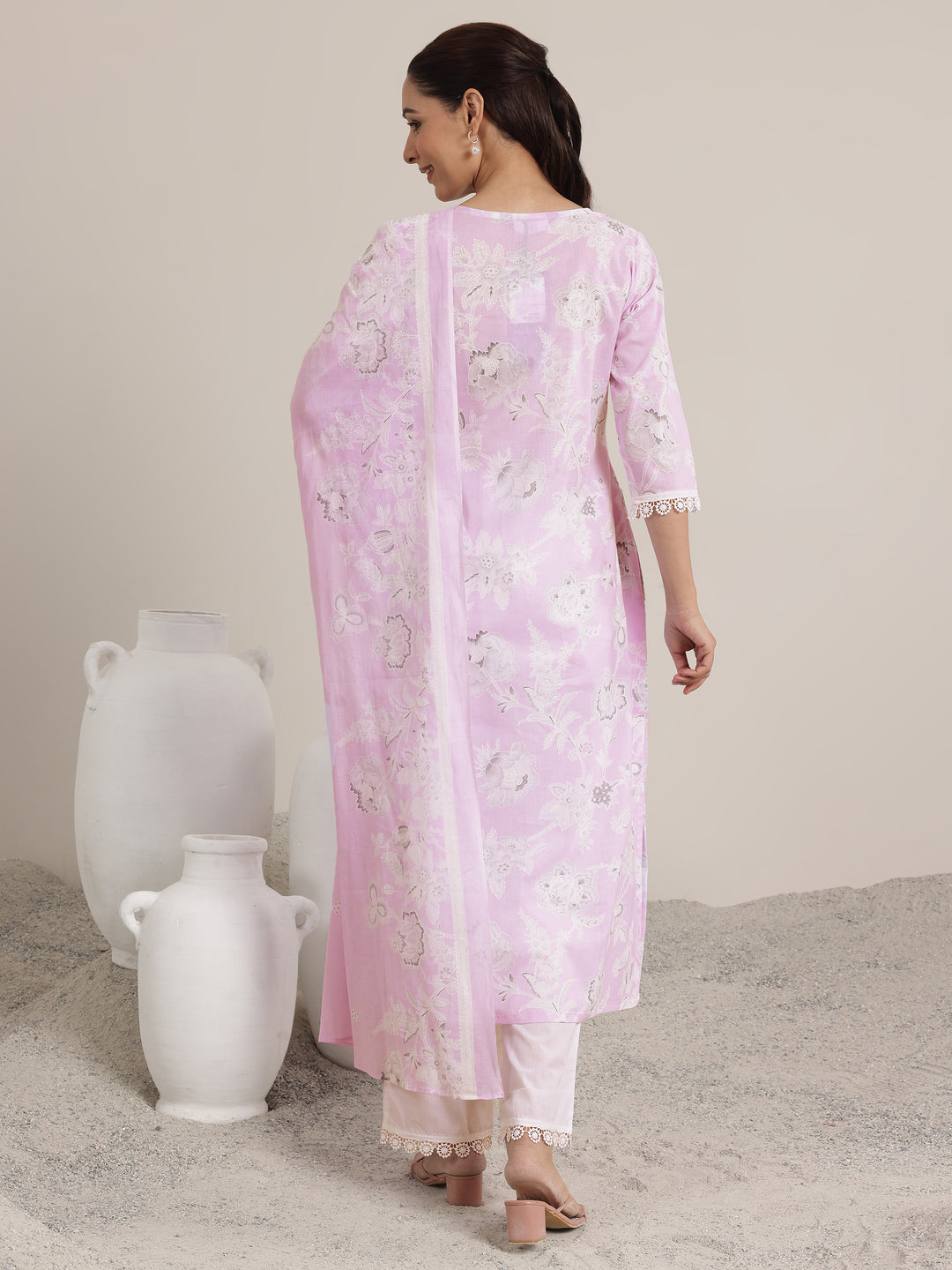 Lavender Printed Cotton Straight Suit Set With Dupatta