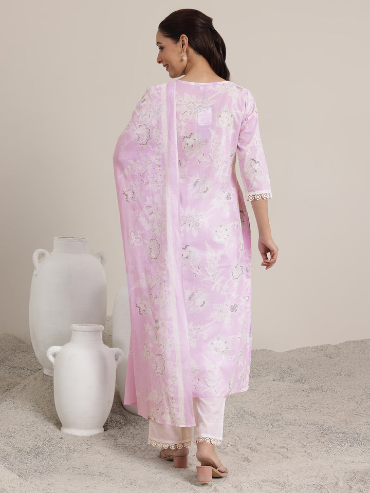 Lavender Printed Cotton Straight Suit Set With Dupatta