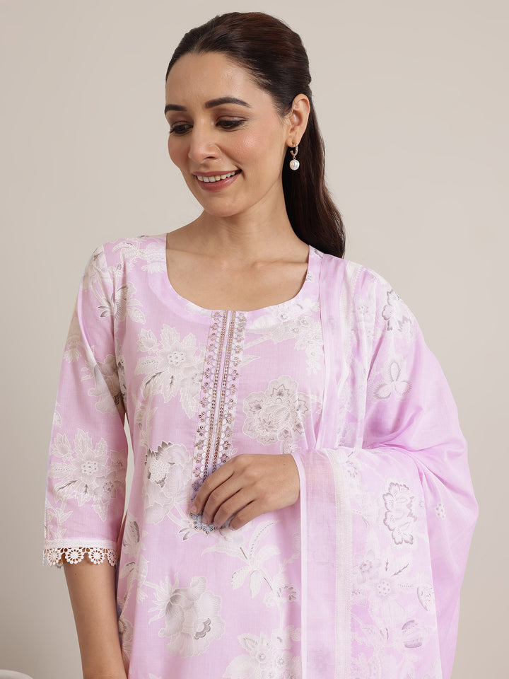 Lavender Printed Cotton Straight Suit Set With Dupatta