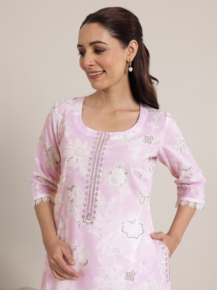 Lavender Printed Cotton Straight Suit Set With Dupatta