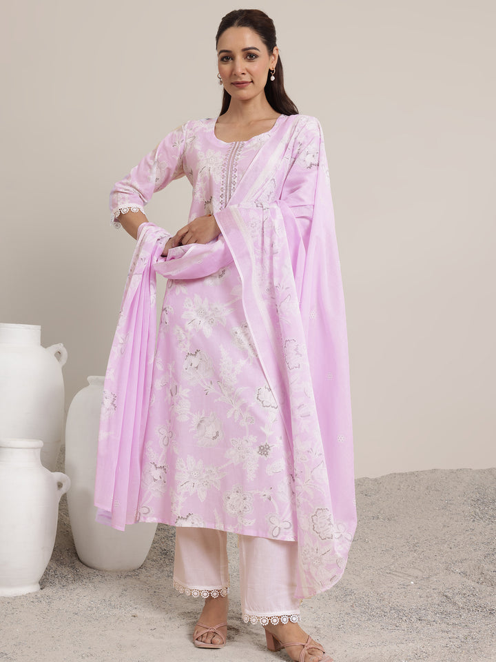 Lavender Printed Cotton Straight Suit Set With Dupatta