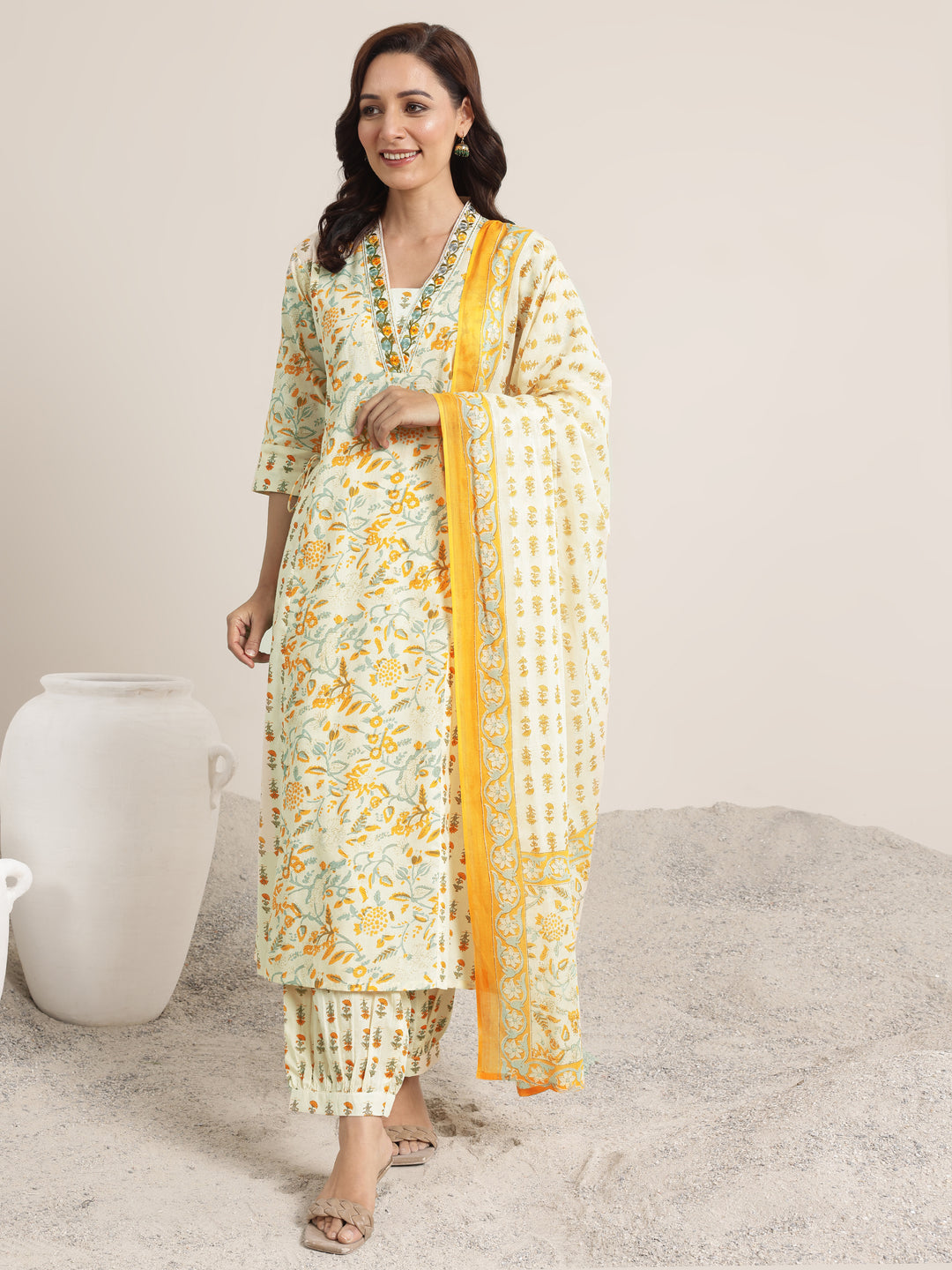 Yellow Printed Cotton A-Line Suit Set With Dupatta