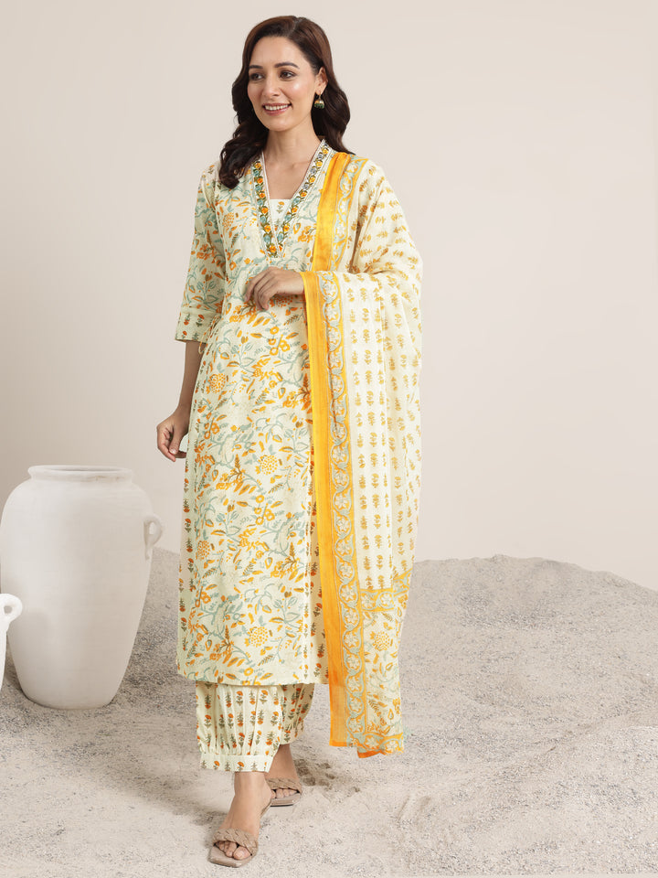 Yellow Printed Cotton A-Line Suit Set With Dupatta