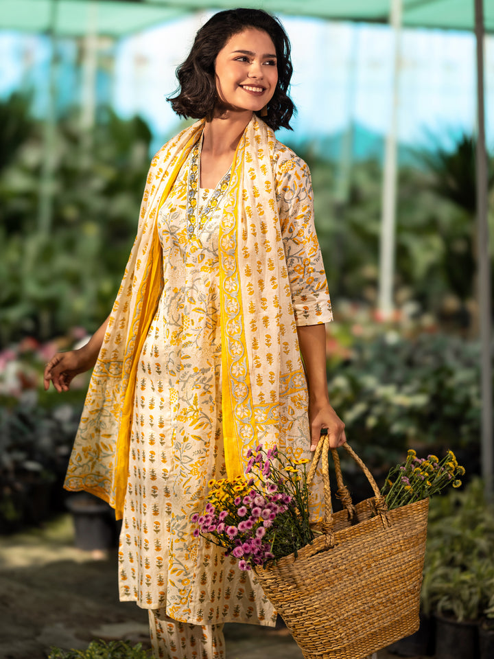 Yellow Printed Cotton A-Line Suit Set With Dupatta