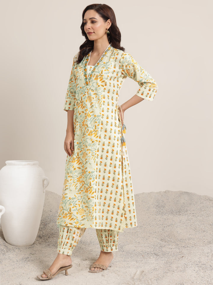 Yellow Printed Cotton A-Line Suit Set With Dupatta