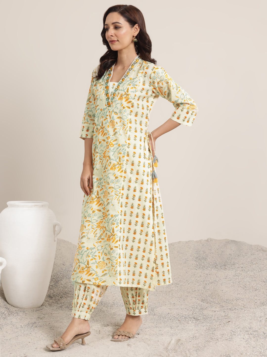 Yellow Printed Cotton A-Line Suit Set With Dupatta