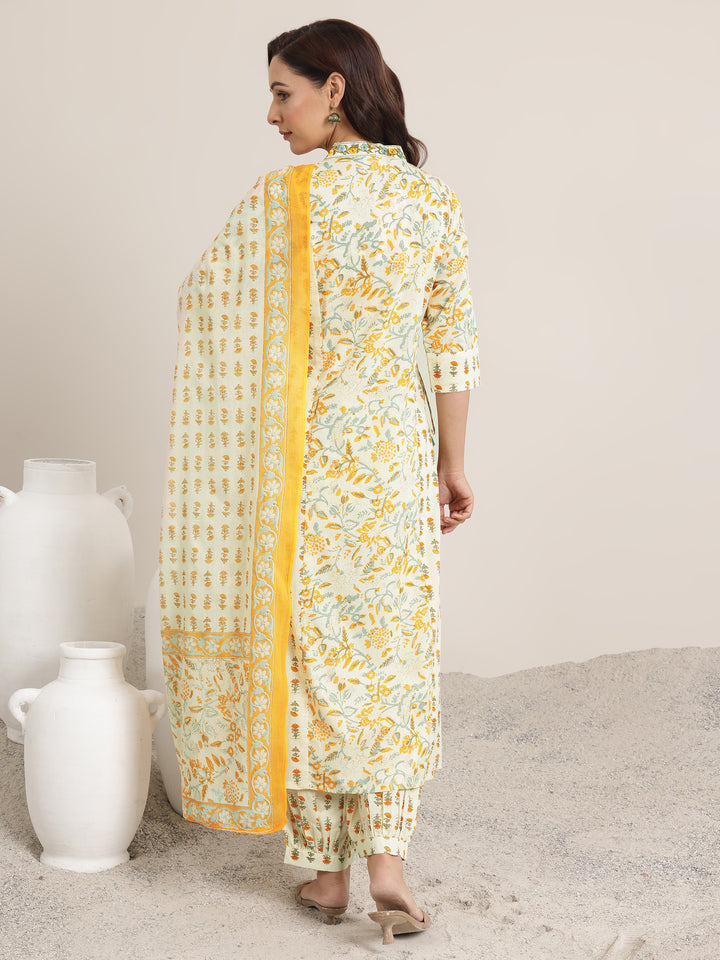 Yellow Printed Cotton A-Line Suit Set With Dupatta