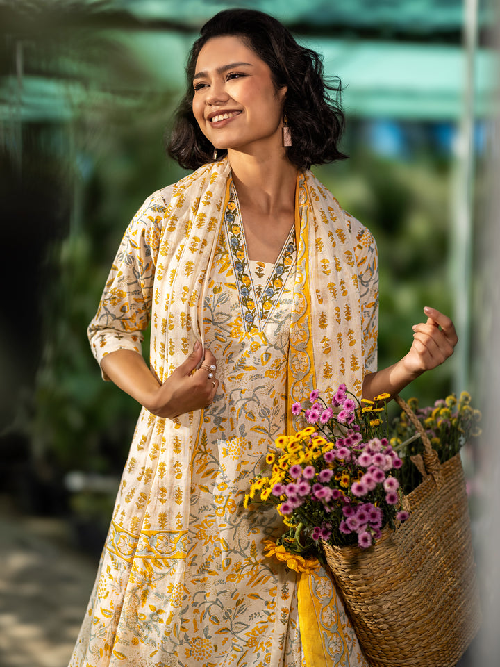 Yellow Printed Cotton A-Line Suit Set With Dupatta