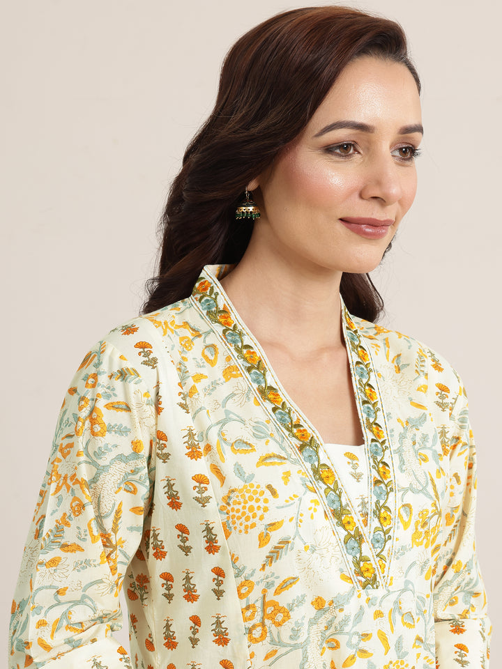 Yellow Printed Cotton A-Line Suit Set With Dupatta