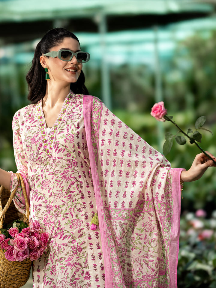 Pink Printed Cotton A-Line Suit Set With Dupatta