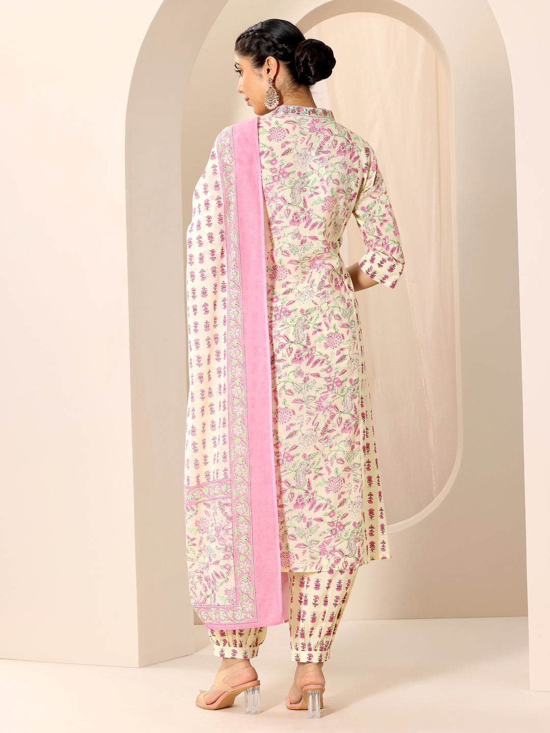 Pink Printed Cotton A-Line Suit Set With Dupatta