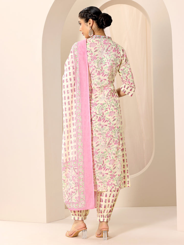 Pink Printed Cotton A-Line Suit Set With Dupatta