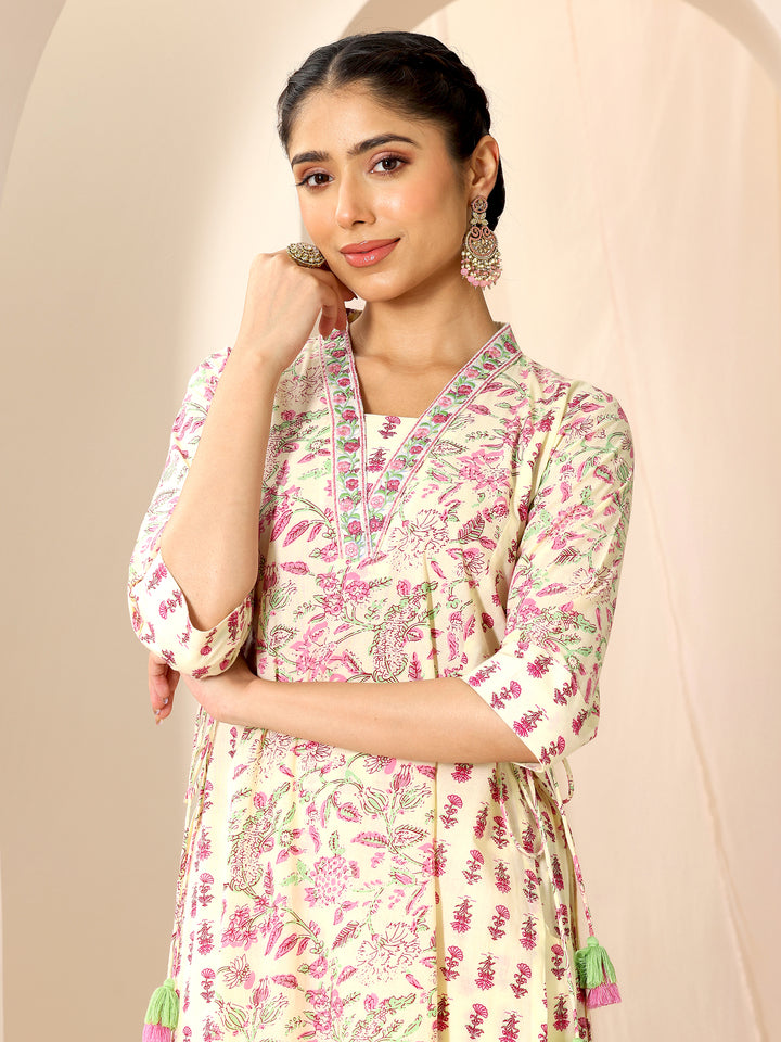 Pink Printed Cotton A-Line Suit Set With Dupatta