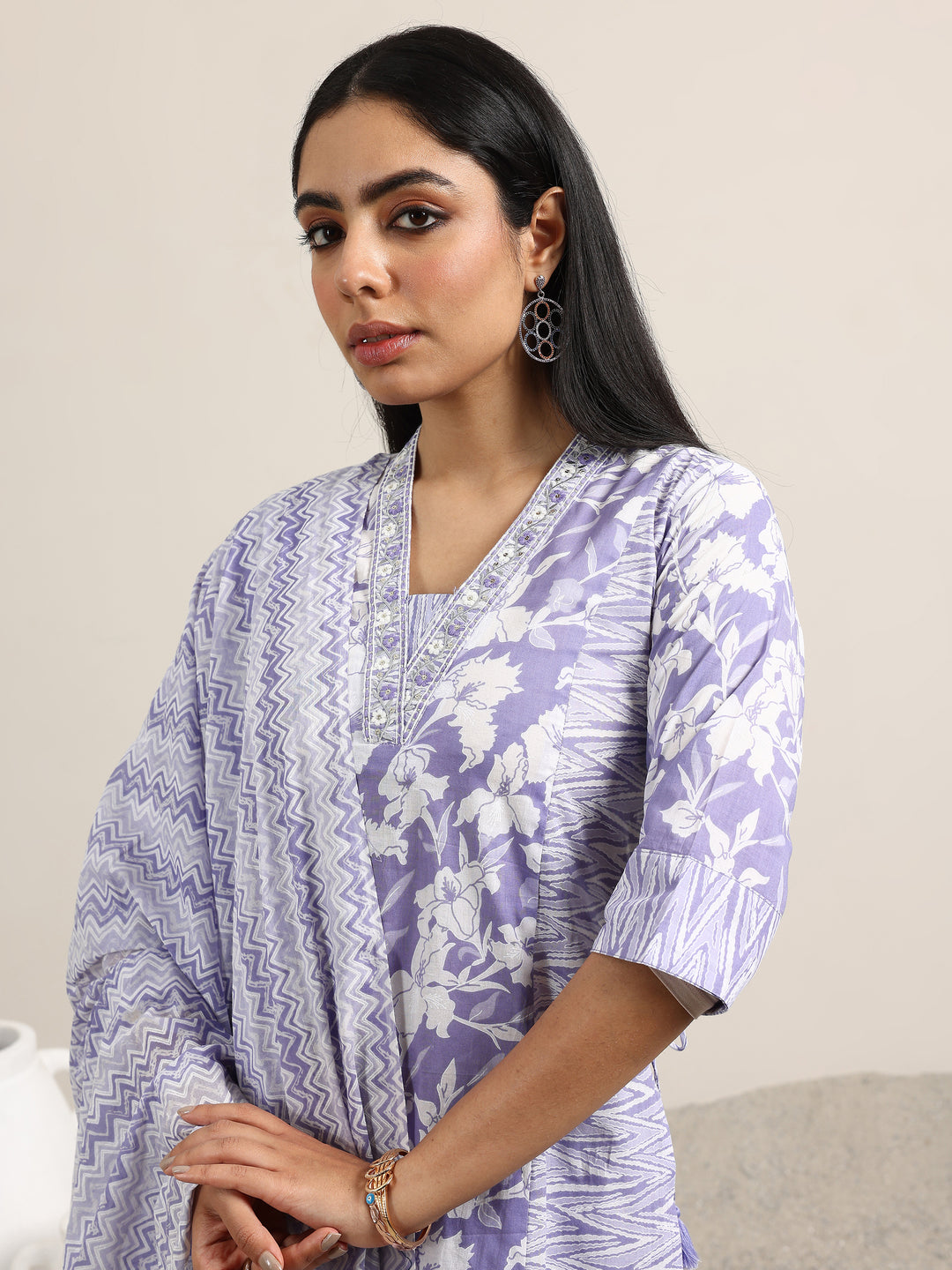 Lavender Printed Cotton Straight Suit With Dupatta