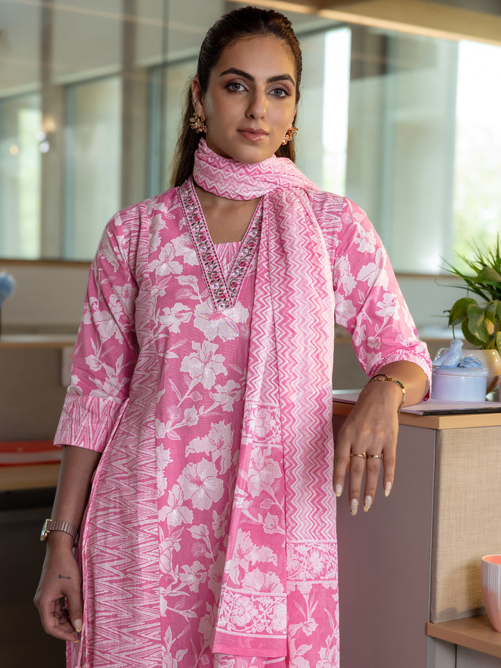 Pink Printed Cotton Straight Suit Set With Dupatta
