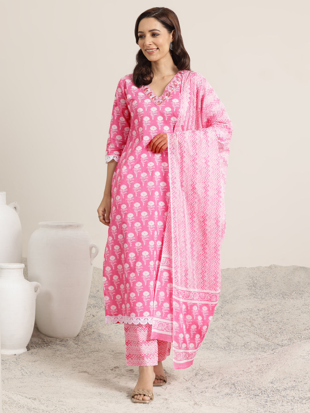 Pink Printed Cotton Straight Suit Set With Dupatta