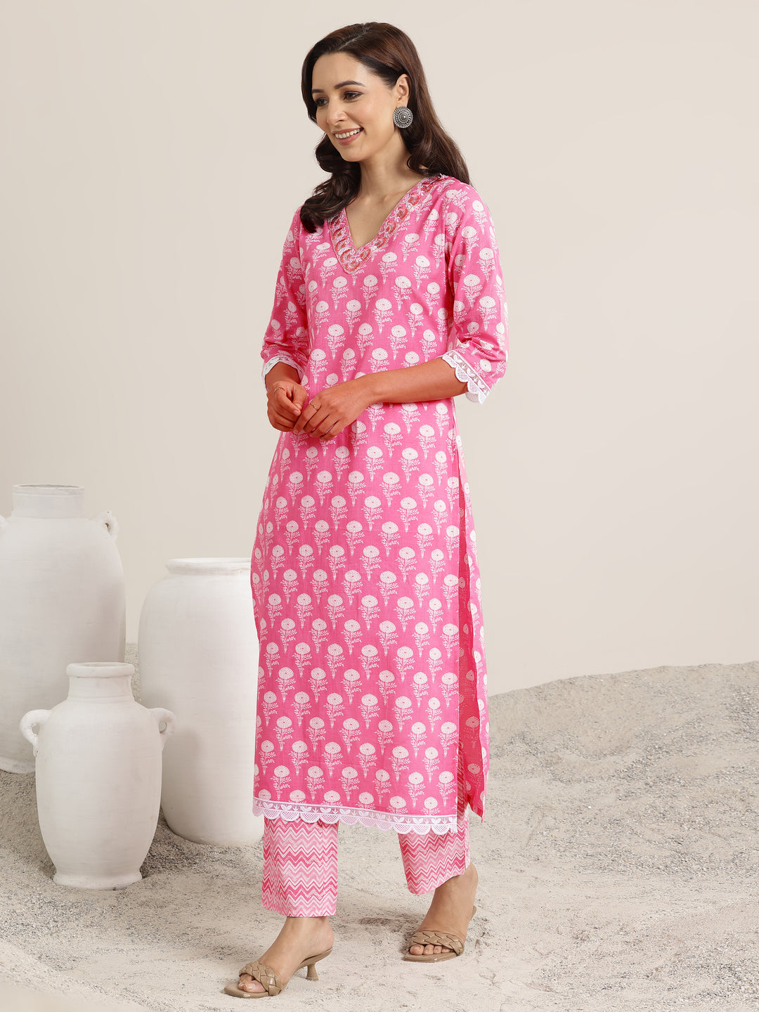 Pink Printed Cotton Straight Suit Set With Dupatta