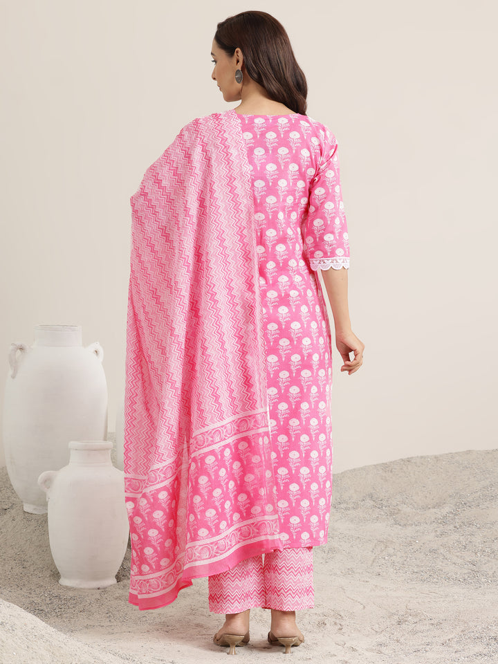 Pink Printed Cotton Straight Suit Set With Dupatta