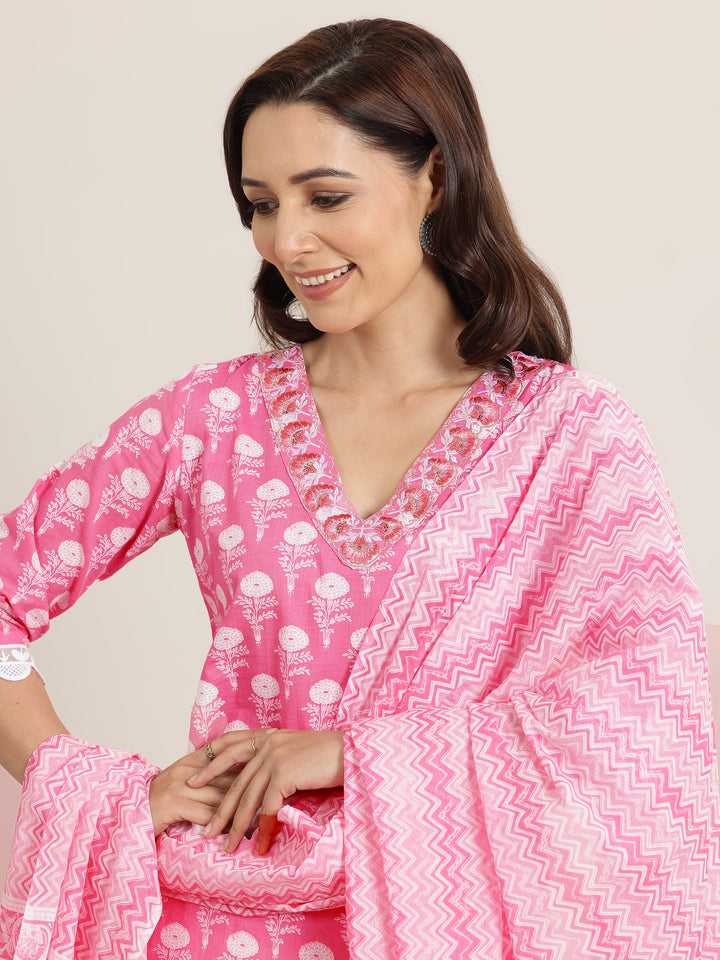Pink Printed Cotton Straight Suit Set With Dupatta