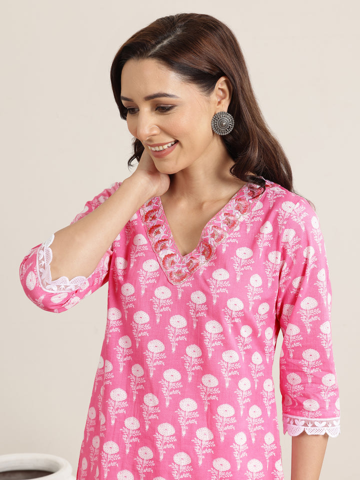 Pink Printed Cotton Straight Suit Set With Dupatta