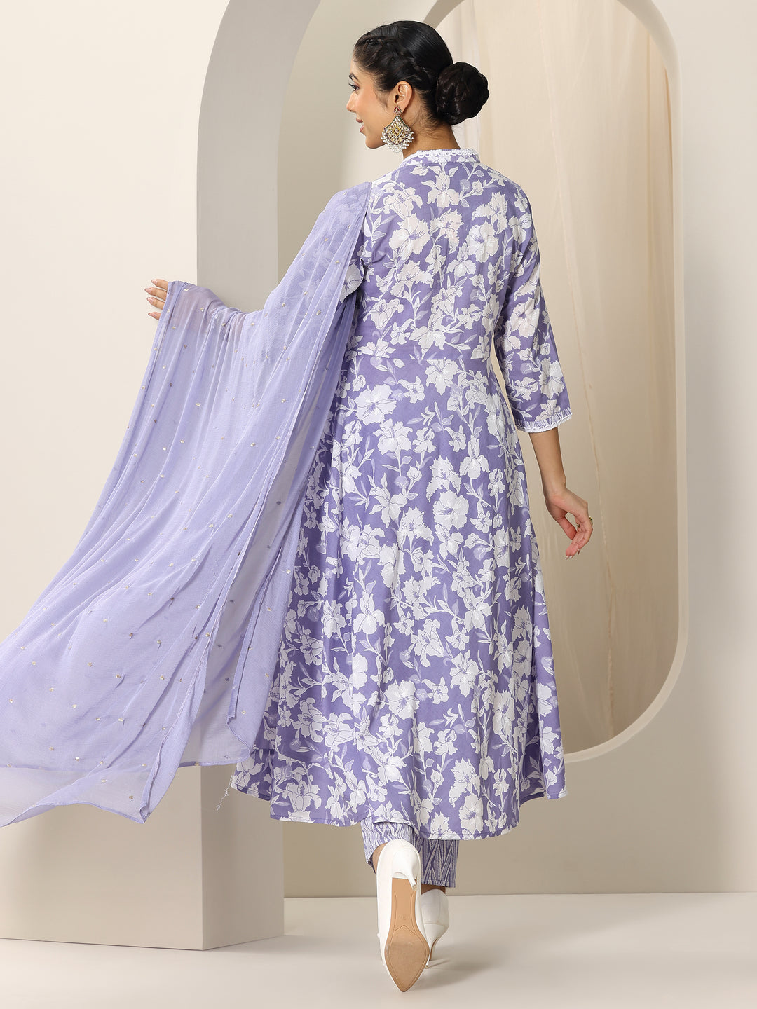 Lavender Printed Cotton Anarkali Suit Set With Dupatta