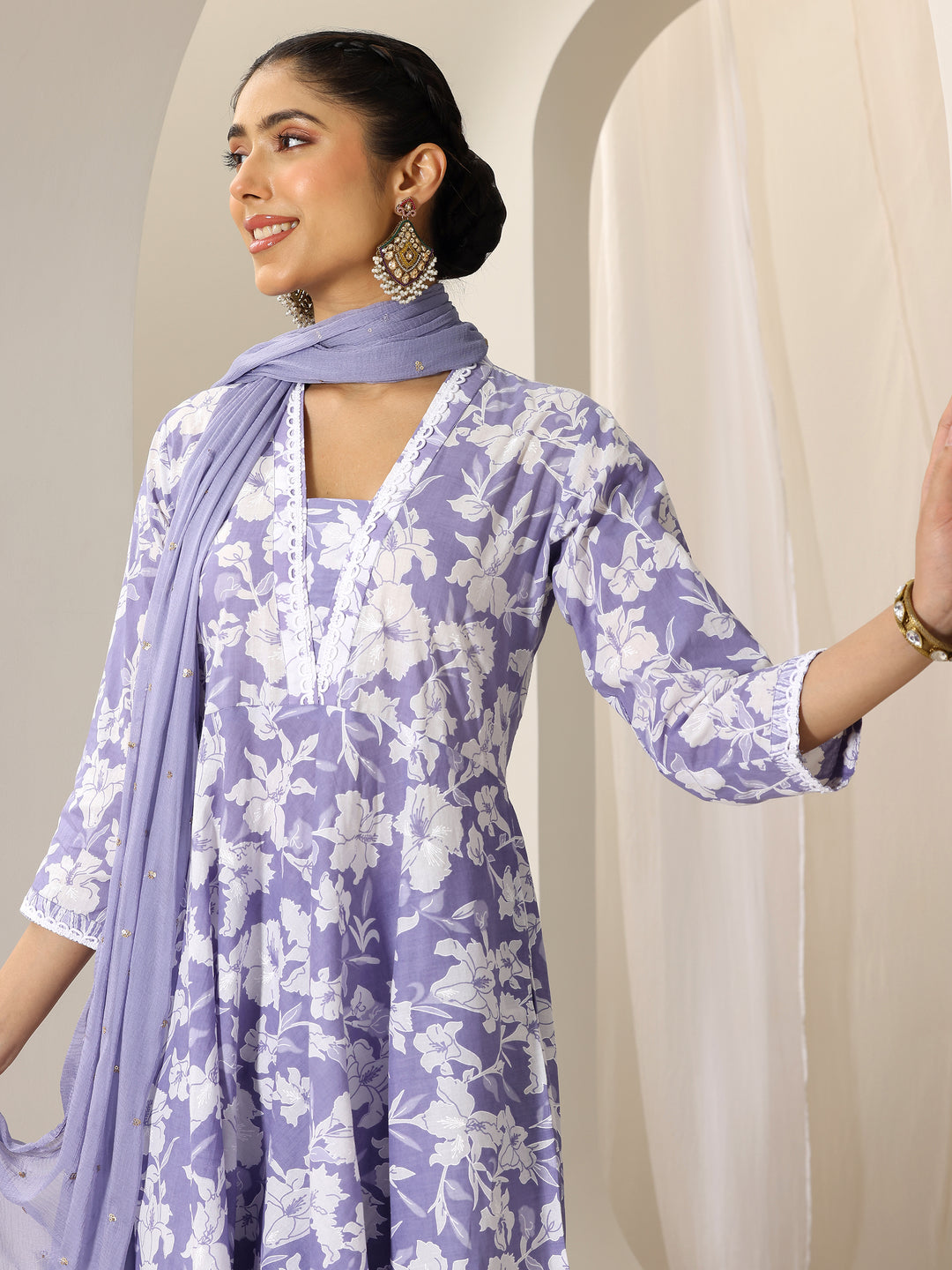 Lavender Printed Cotton Anarkali Suit Set With Dupatta
