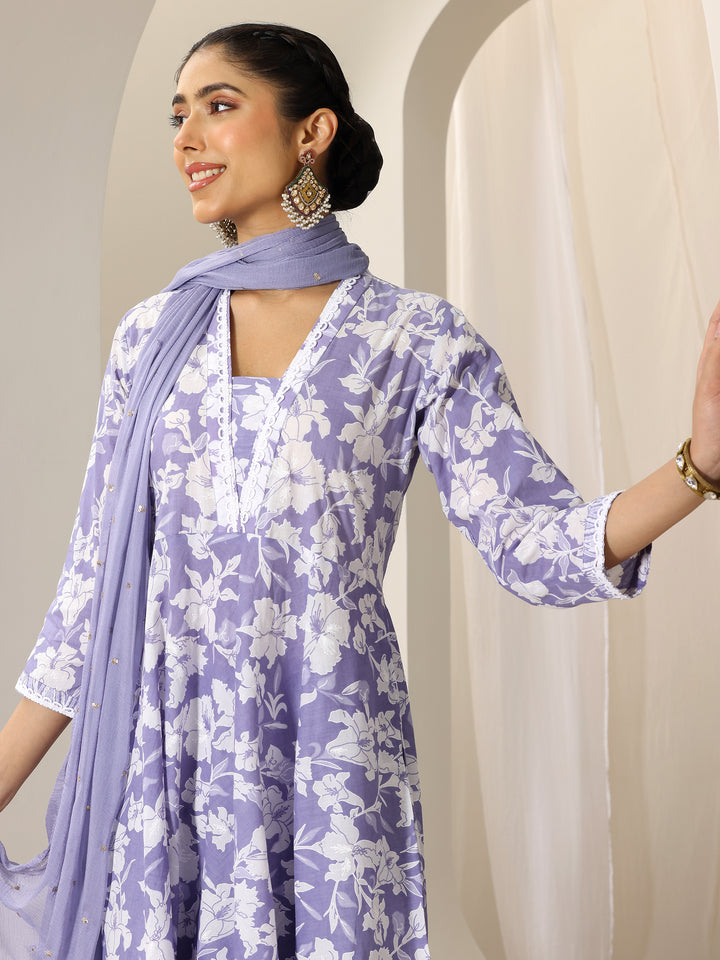 Lavender Printed Cotton Anarkali Suit Set With Dupatta