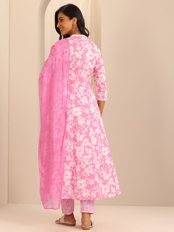 Pink Printed Cotton Anarkali Suit Set With Dupatta