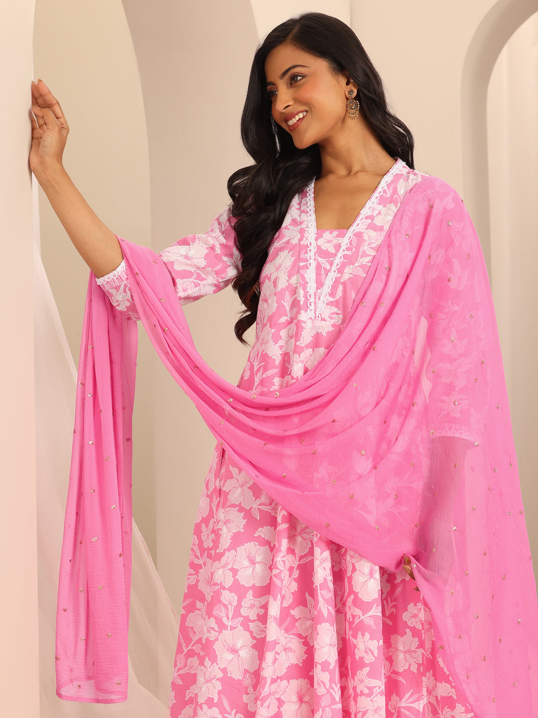 Pink Printed Cotton Anarkali Suit Set With Dupatta