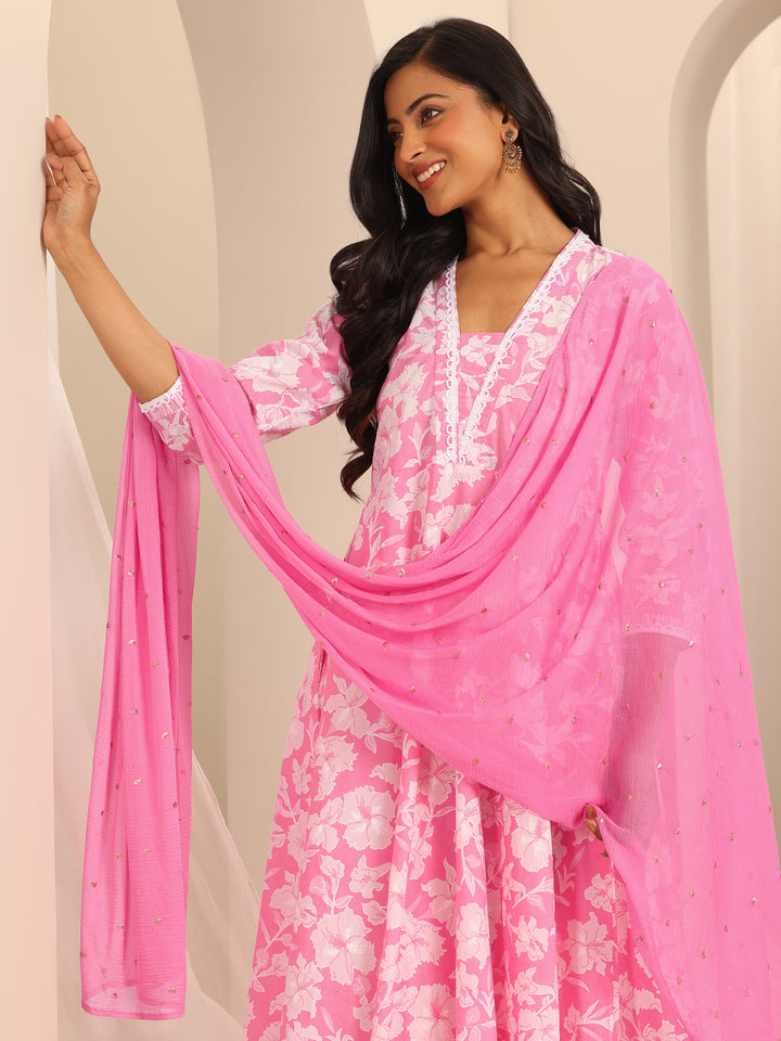 Pink Printed Cotton Anarkali Suit Set With Dupatta