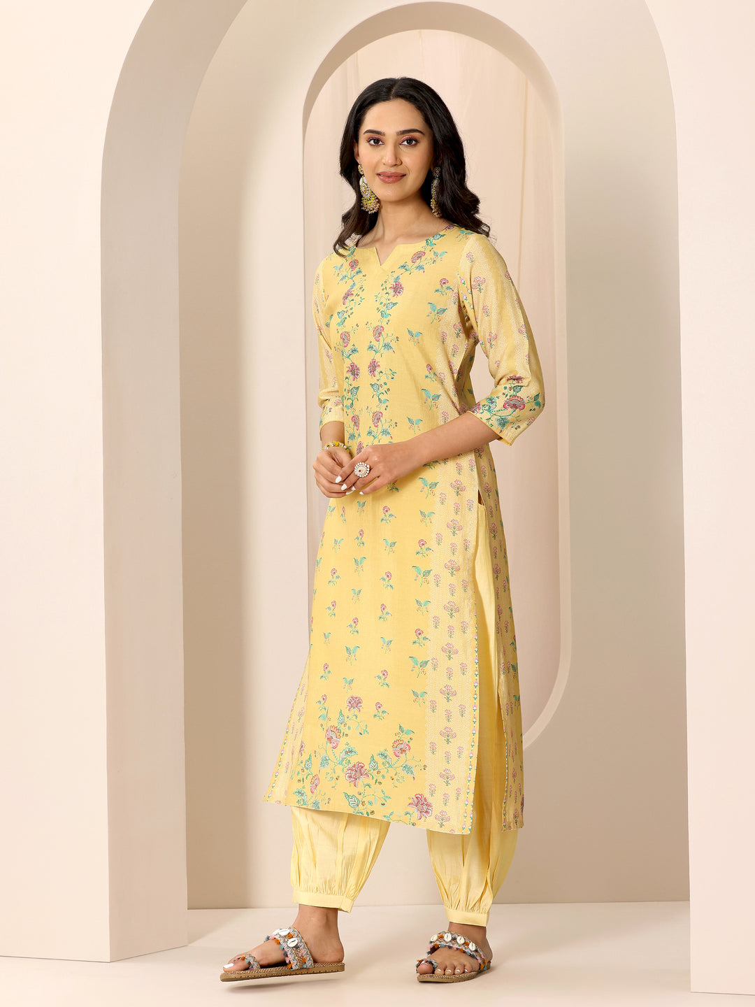 Yellow Printed Silk Blend Straight Suit Set With Dupatta
