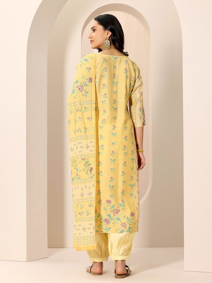 Yellow Printed Silk Blend Straight Suit Set With Dupatta