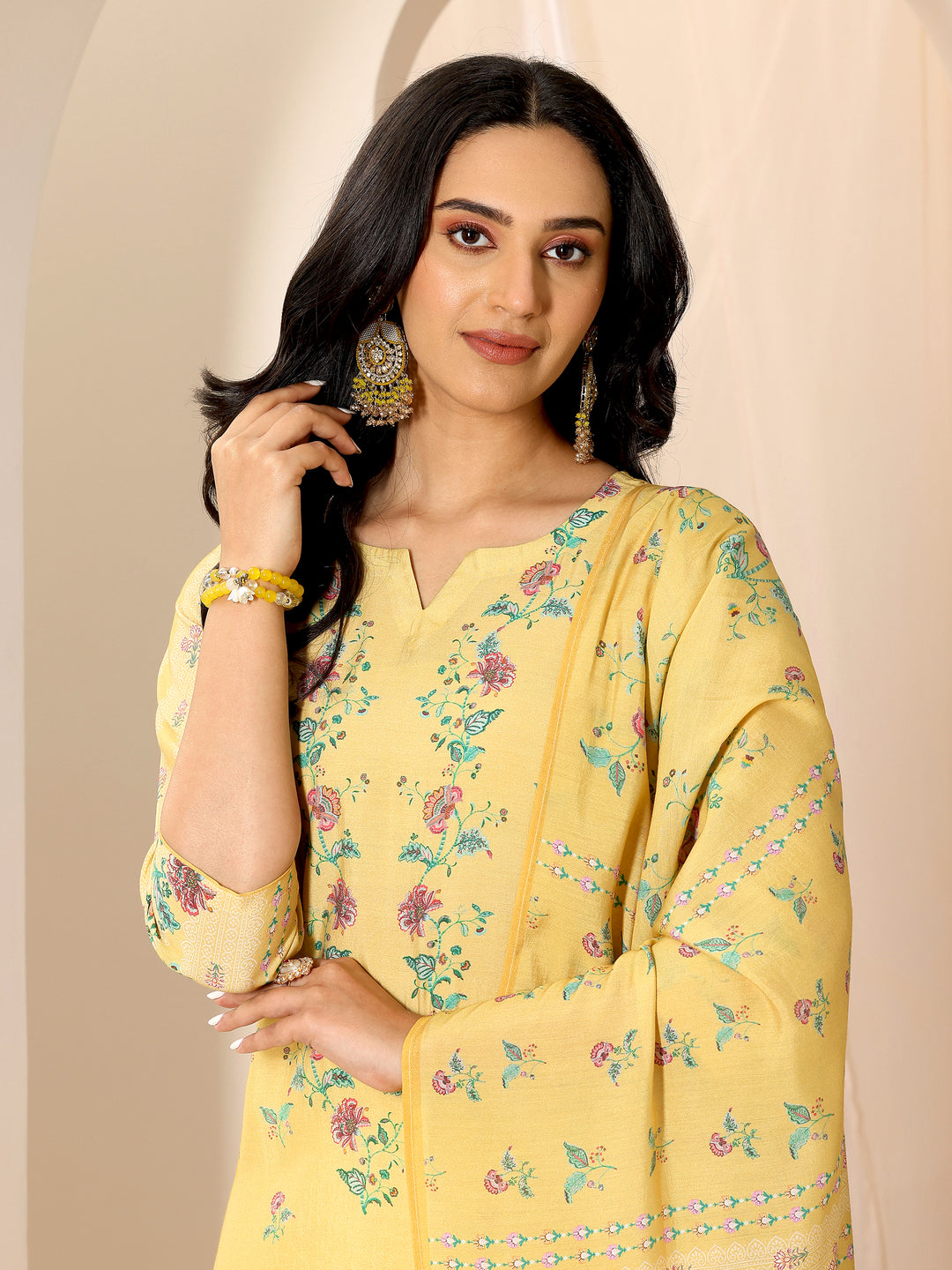Yellow Printed Silk Blend Straight Suit Set With Dupatta