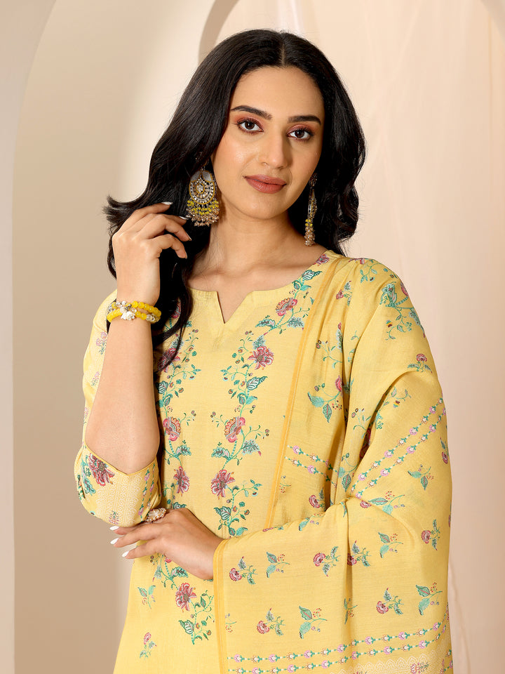 Yellow Printed Silk Blend Straight Suit Set With Dupatta