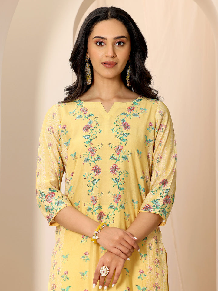Yellow Printed Silk Blend Straight Suit Set With Dupatta