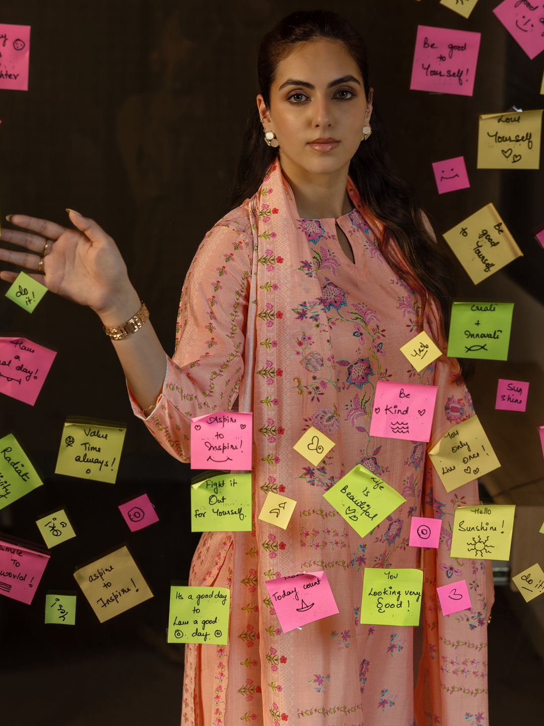 Peach Printed Silk Blend Straight Suit Set With Dupatta