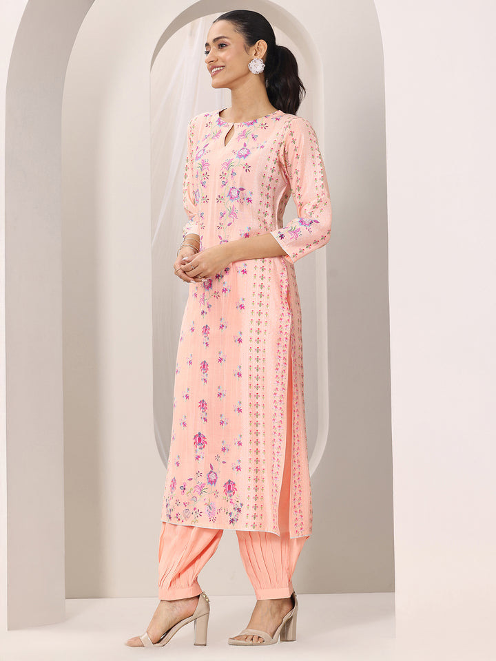 Peach Printed Silk Blend Straight Suit Set With Dupatta