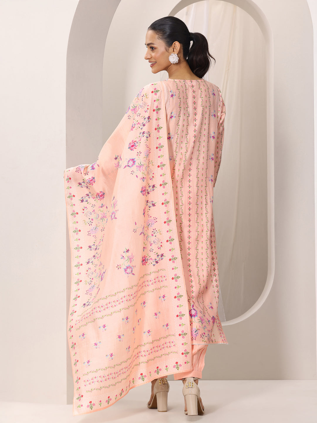 Peach Printed Silk Blend Straight Suit Set With Dupatta