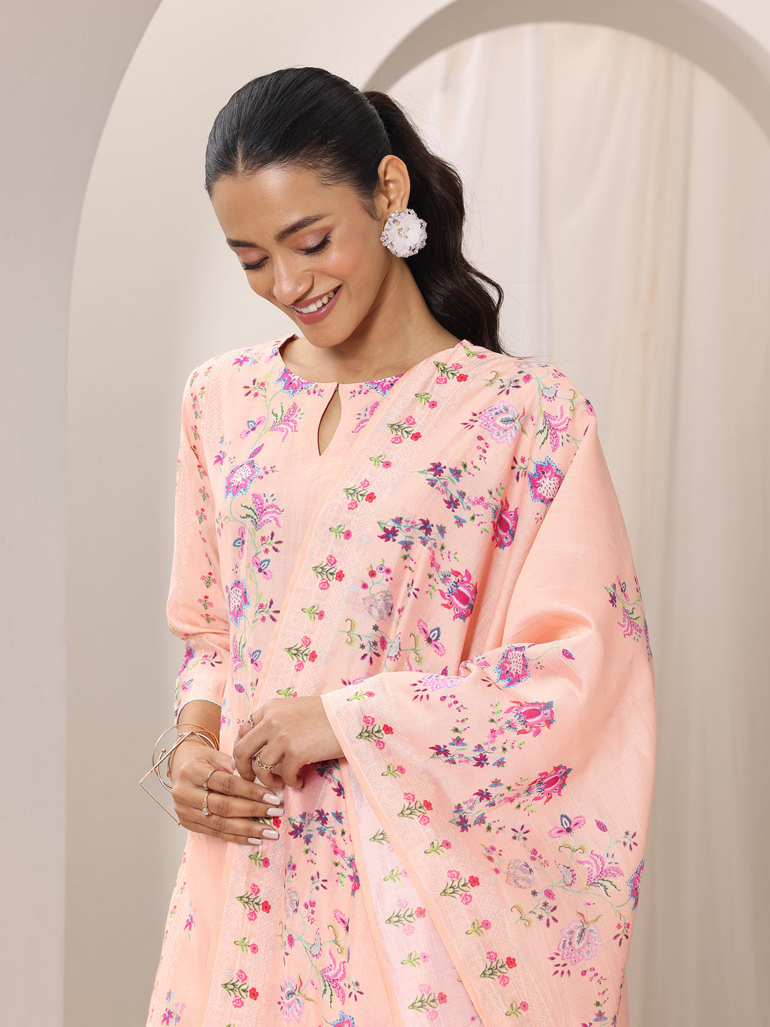 Peach Printed Silk Blend Straight Suit Set With Dupatta