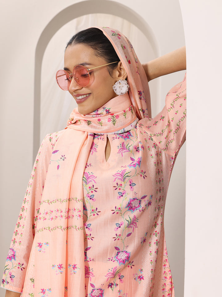 Peach Printed Silk Blend Straight Suit Set With Dupatta
